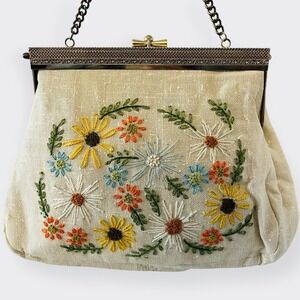 Vintage Crewel Floral Embroidery Bag Gold Frame Needlepoint Off White Clutch